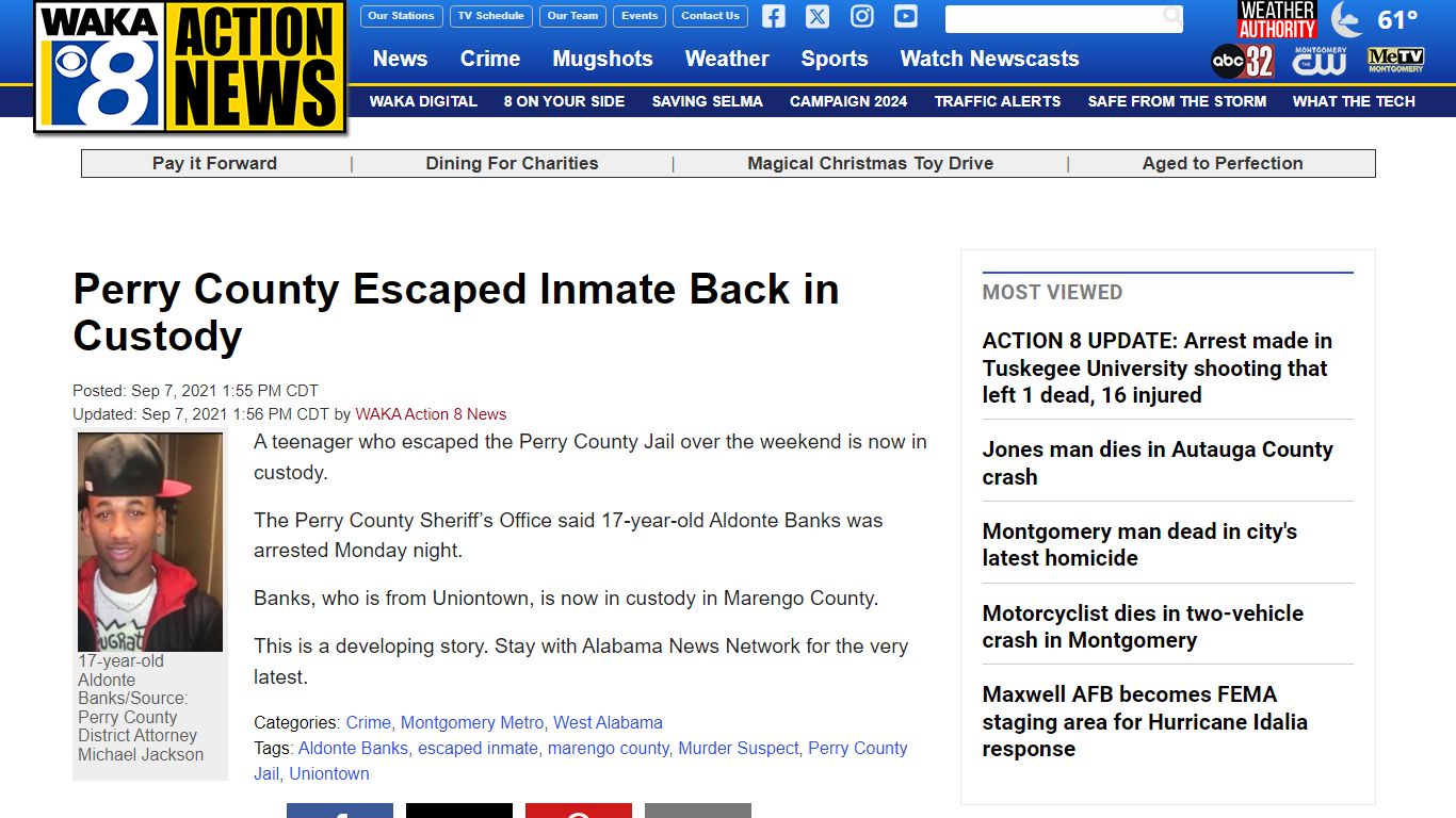 Perry County Escaped Inmate Back in Custody - WAKA 8